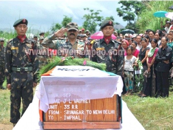 Full military honour being accorded to Sepoy John Lalumi Vaiphei of 35 Rashtriya Rifles, who made supreme sacrifice in the line of duty fighting against terrorists in J&K