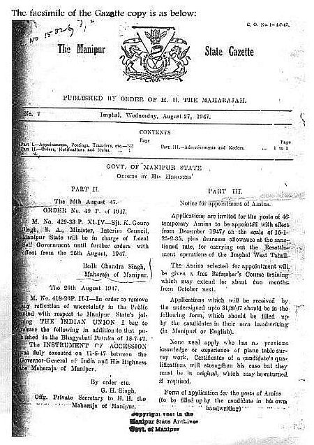 INSTRUMENT OF ACCESSION  executed on 11-8-47 between Governor-General of India and His Highness the Maharajah of Manipur 