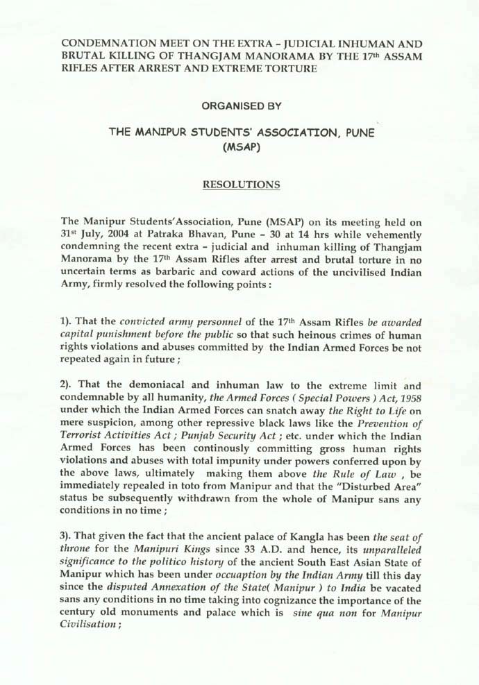 Condemnation Meet by MSAP against killing of Manorama by Assam Rifles & AFSPA - 31 July 2004